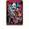 A metal tin sign featuring a terrifying clown face and a woman, suitable for gothic Halloween wall decor.
