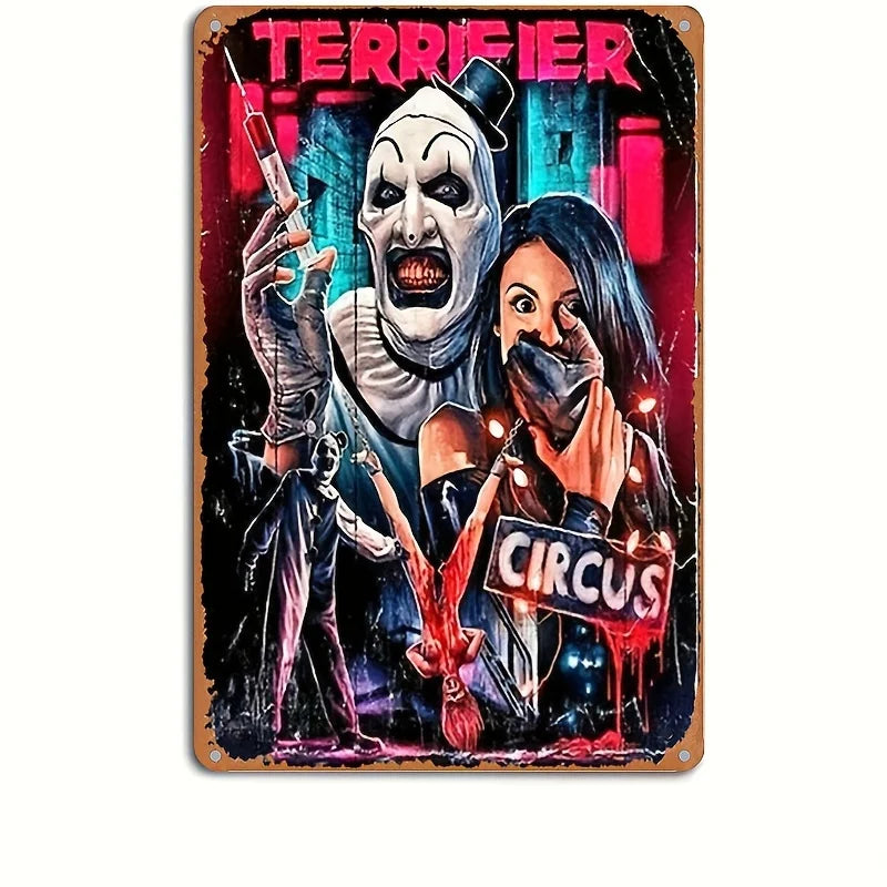 A metal tin sign featuring a terrifying clown face and a woman, suitable for gothic Halloween wall decor.