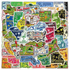 A collection of 50 cartoon stickers depicting various US states and regions on a map background.