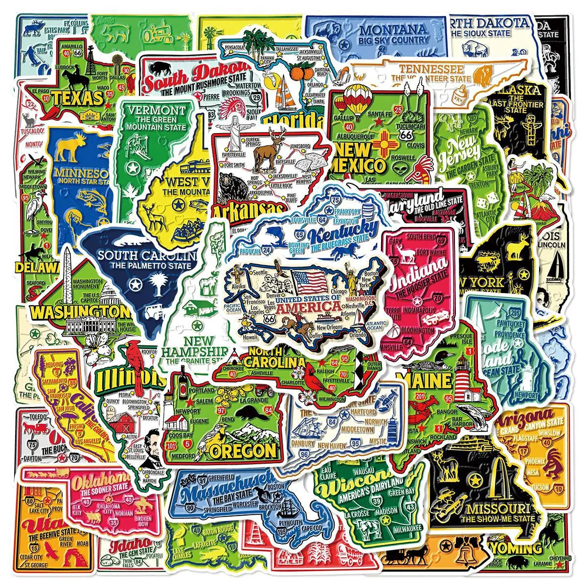 A collection of 50 cartoon stickers depicting various US states and regions on a map background.