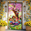 A vibrant floral backdrop banner featuring pink blossoms, sunflowers, and diverse people in a garden setting.