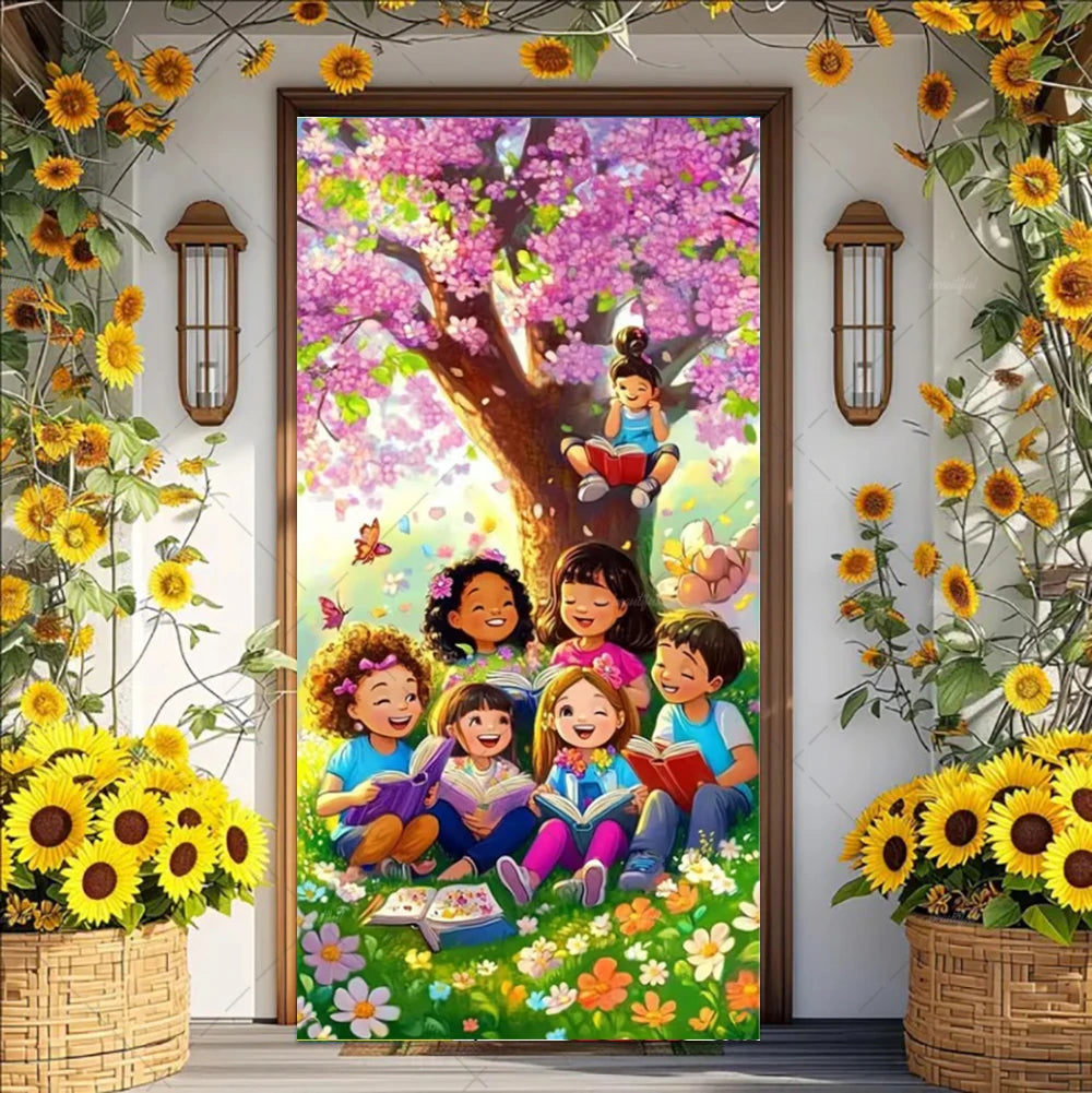 A vibrant floral backdrop banner featuring pink blossoms, sunflowers, and diverse people in a garden setting.