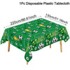 A green disposable plastic tablecloth measuring 220cm by 130cm used for a soccer party.