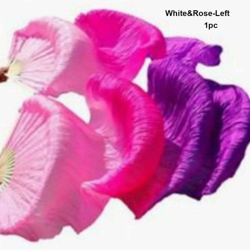 White and rose-colored silk ribbon dance fan with a gradient effect