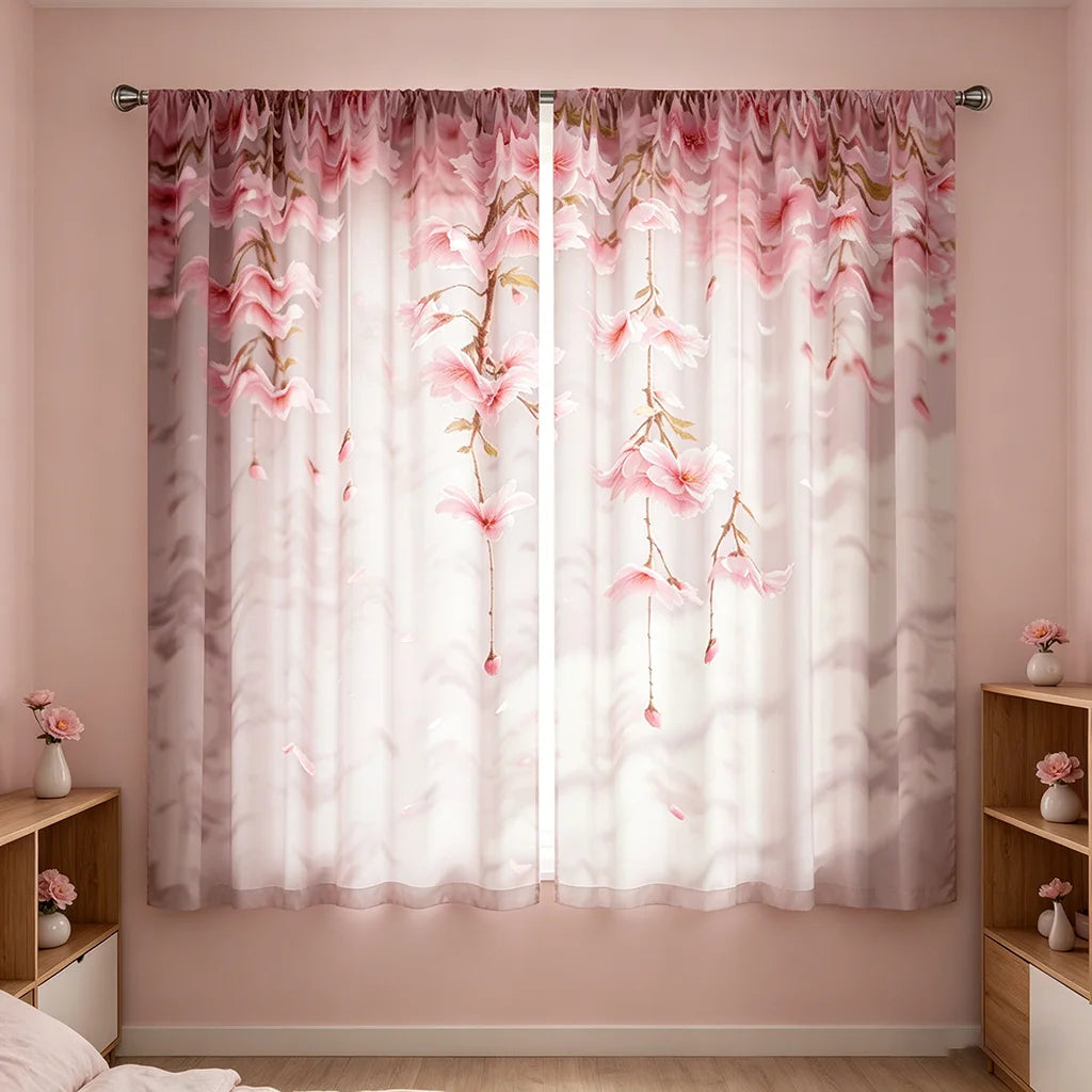 Light pink cherry blossom sheer curtains in a rod pocket style hanging in a room.