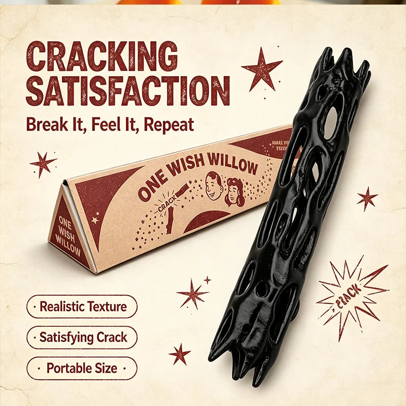 A black, jagged stick resembling a willow branch is shown next to its cardboard box and marketing text for cracking satisfact