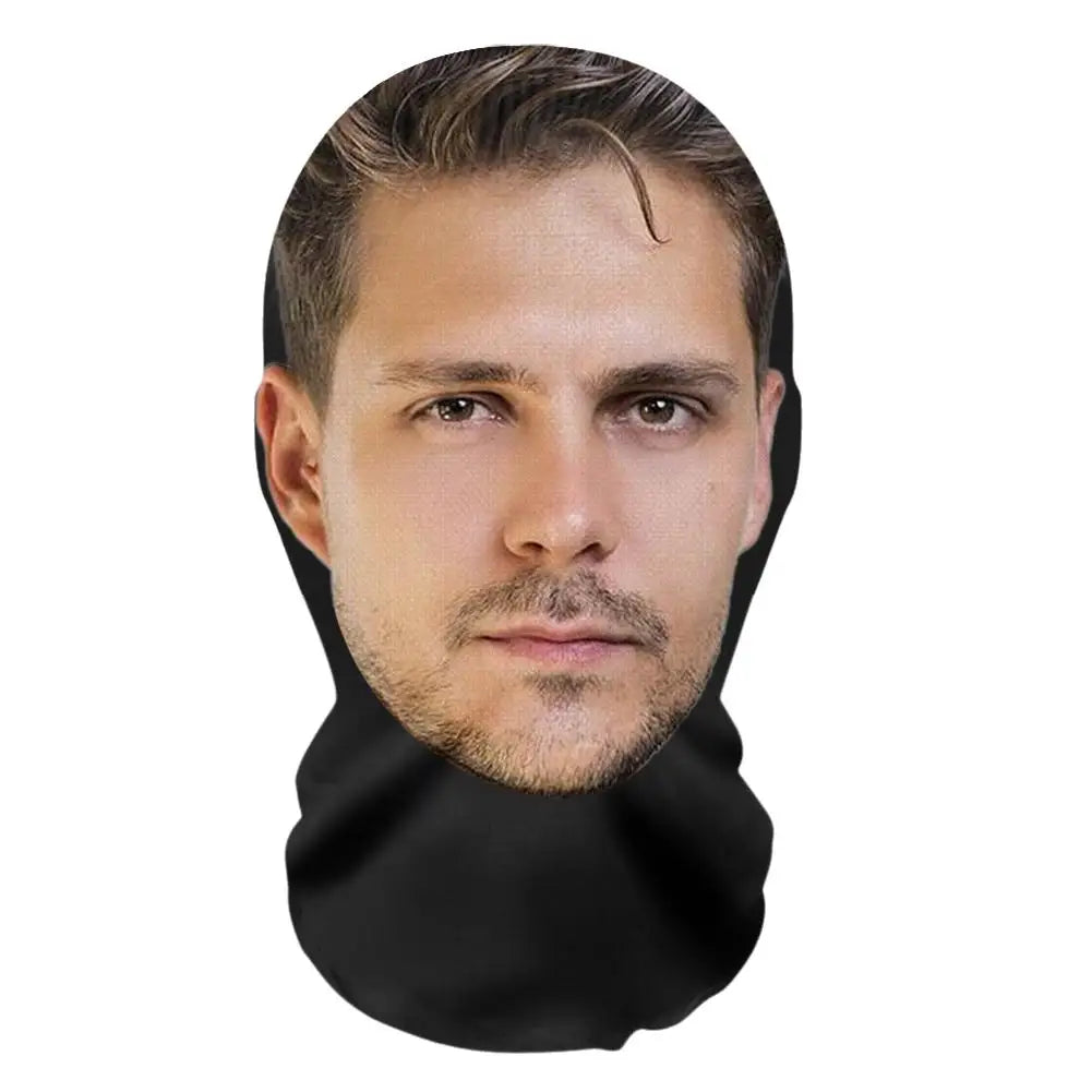 A realistic black face mask covering a male model's face.