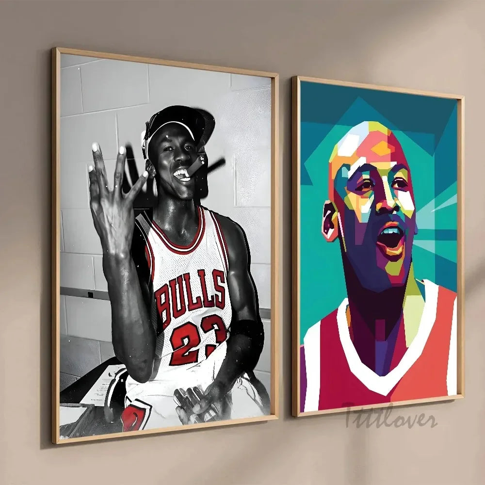 Canvas wall art featuring a black and white photo of a basketball player in a Bulls jersey