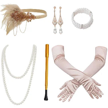 1920s Gatsby Flapper Accessory Set with Headband, Gloves, Pearl Necklace & Cigarette Holder