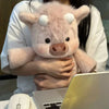 A person is holding a pink West Highland Calf plush toy in front of a laptop.