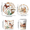 A set of disposable tableware featuring western designs including horses, cacti, and rustic elements.