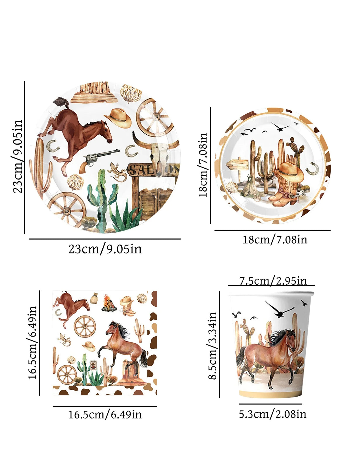 A set of disposable tableware featuring western designs including horses, cacti, and rustic elements.