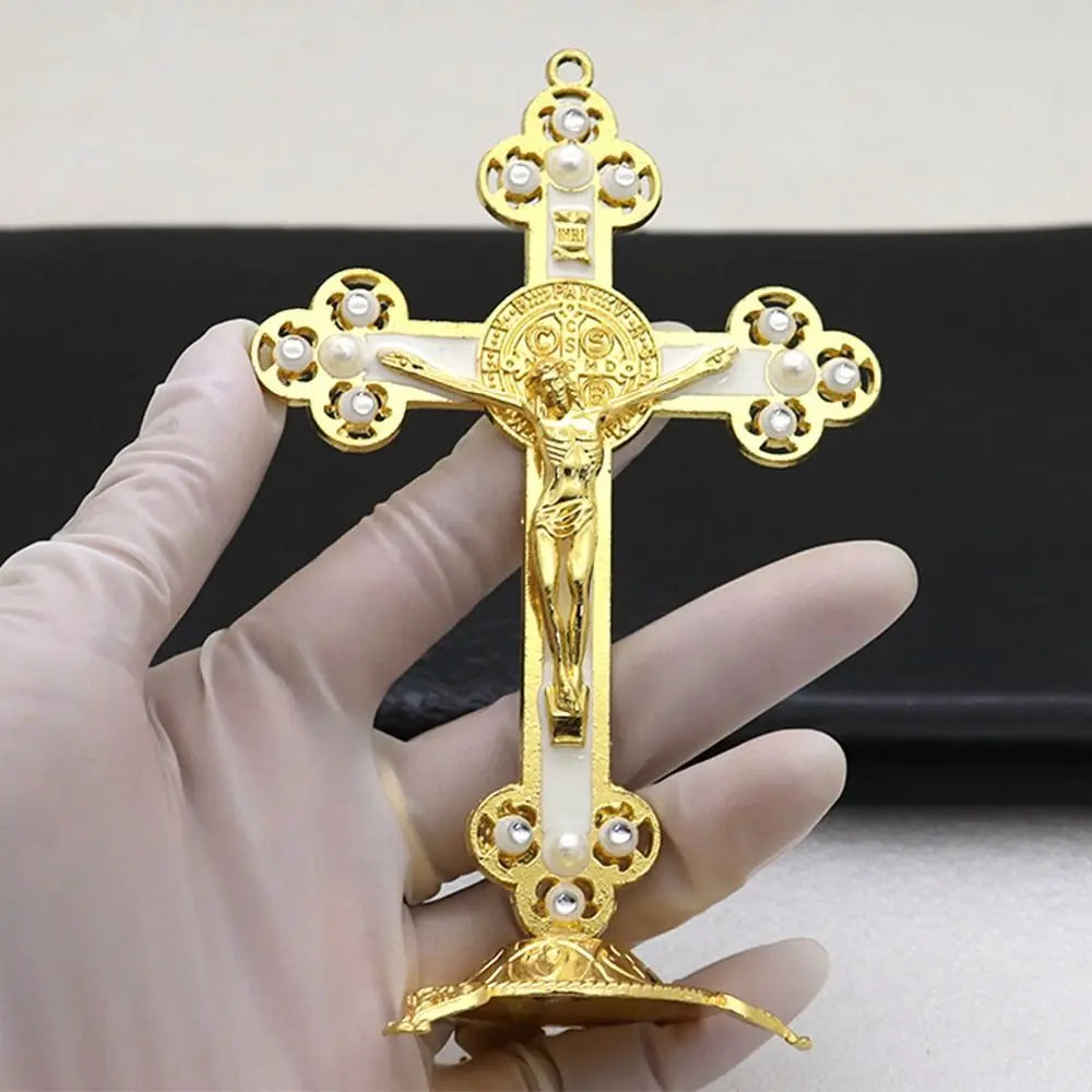 Golden Crucifix Figurine with Enamel Accents