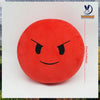 A round, red plush doll with a fierce expression is shown against a white background.