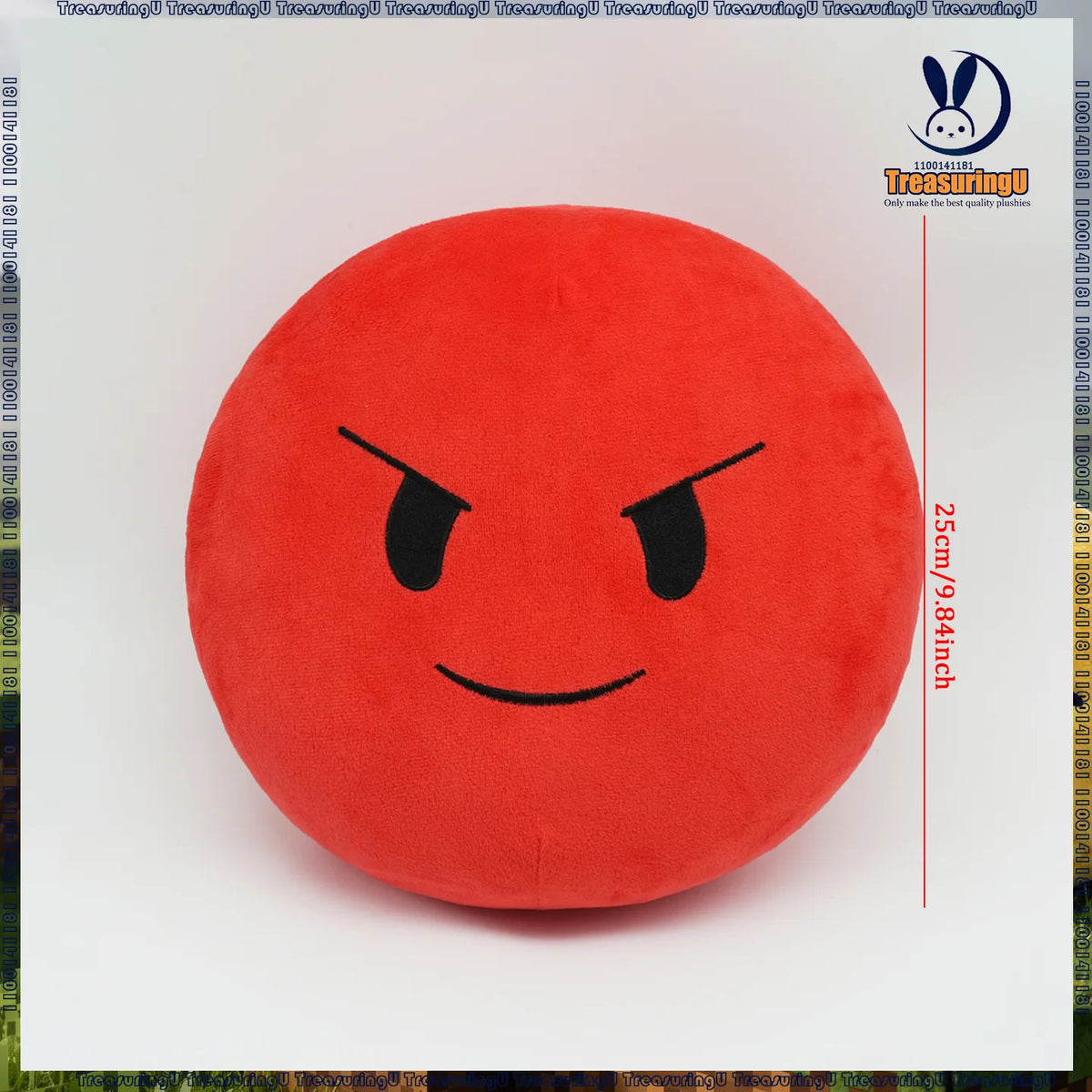 A round, red plush doll with a fierce expression is shown against a white background.