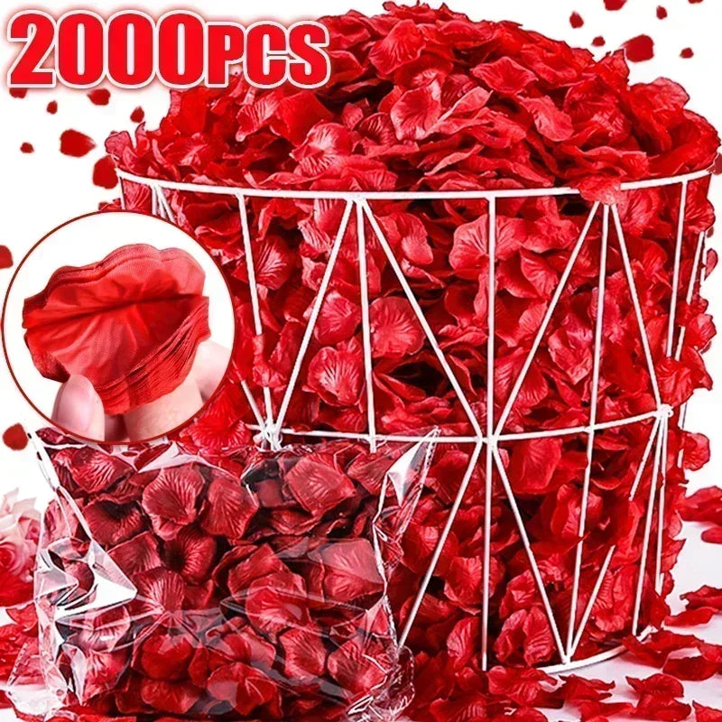 A large quantity of red artificial rose petals packaged in a wire basket and clear plastic bag.