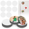 A set of ten blank white fridge magnets and a vertical magnet, displayed with examples of custom designs.