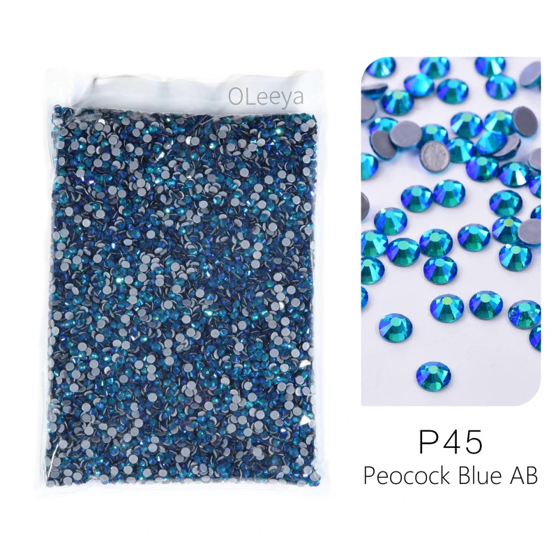 P45 Peacock Blue AB hotfix glass rhinestones mixed sizes