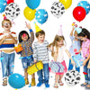 A collection of latex balloons featuring a cloud and cow print pattern in various colors like yellow, blue, and red.