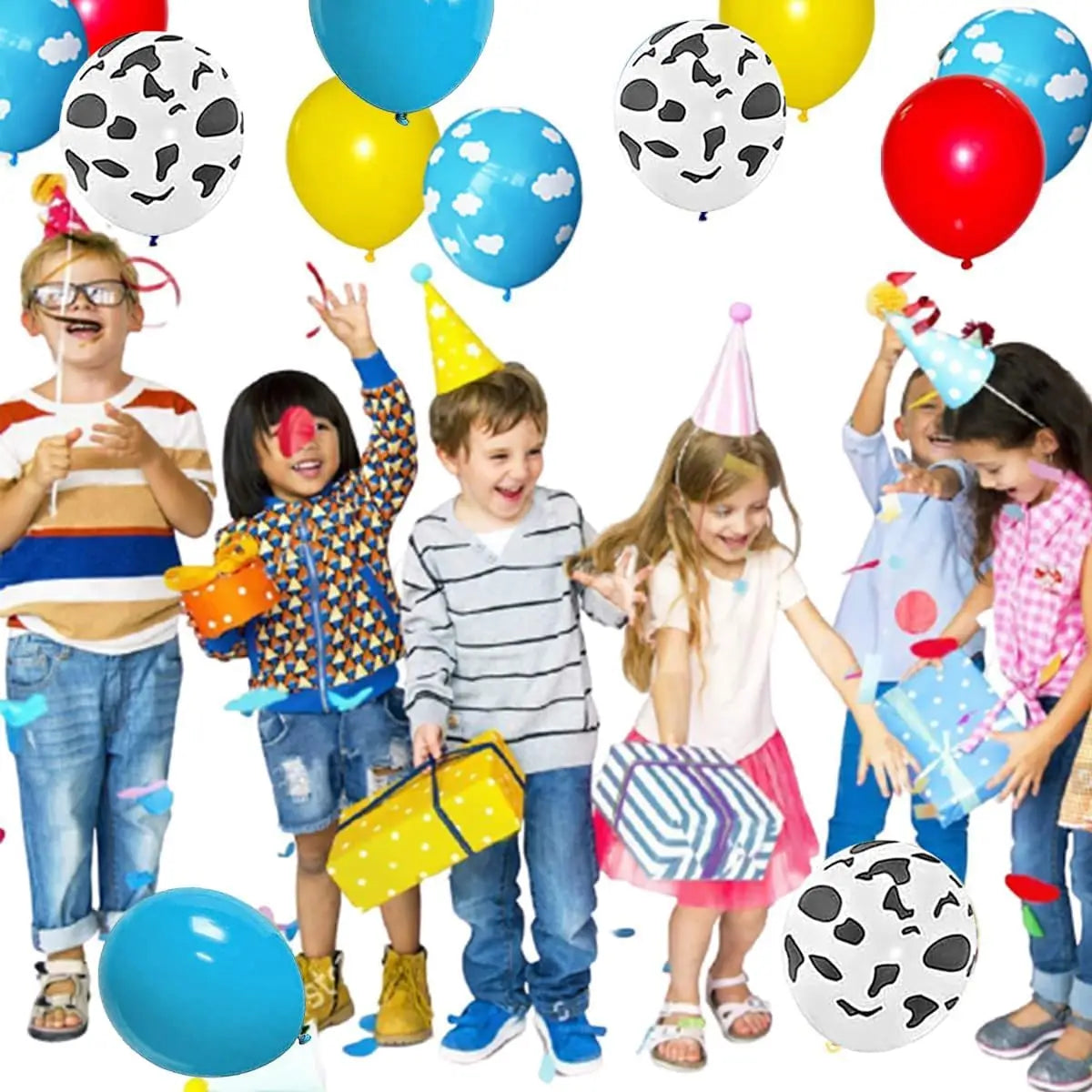 A collection of latex balloons featuring a cloud and cow print pattern in various colors like yellow, blue, and red.