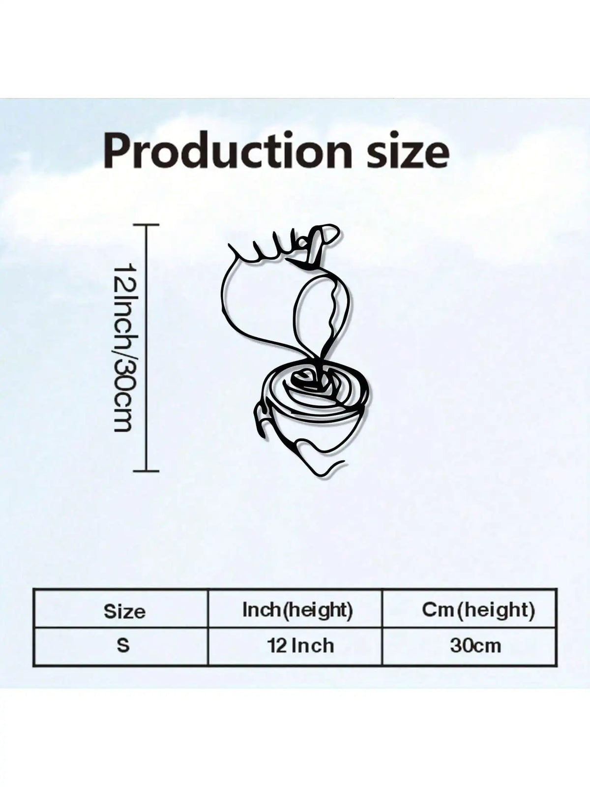 Diagram showing the production size of an Art Deco metal wall decor, measuring 12 inches or 30 cm in height.