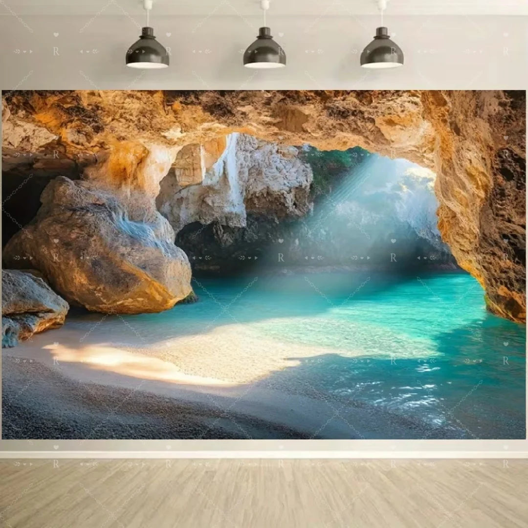 A scenic photo of a turquoise sea cave with sunlight streaming through, featuring golden rock formations and clear blue water