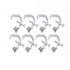 A set of aluminum C-clamp hooks used for stage lighting trusses.