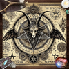 A dark occult pentagram design featuring a ram's head and Hebrew runes on a parchment background.
