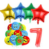A set of colorful foil balloons and a red number balloon for a birthday party