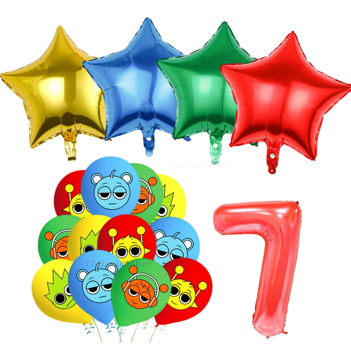 A set of colorful foil balloons and a red number balloon for a birthday party