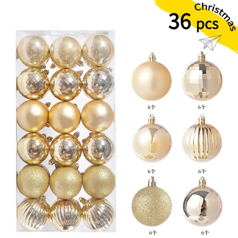 A set of 36 festive Christmas baubles in gold and silver finishes for holiday decor.