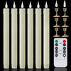A set of white flameless LED taper candles with a remote control and timer displayed against a black background.