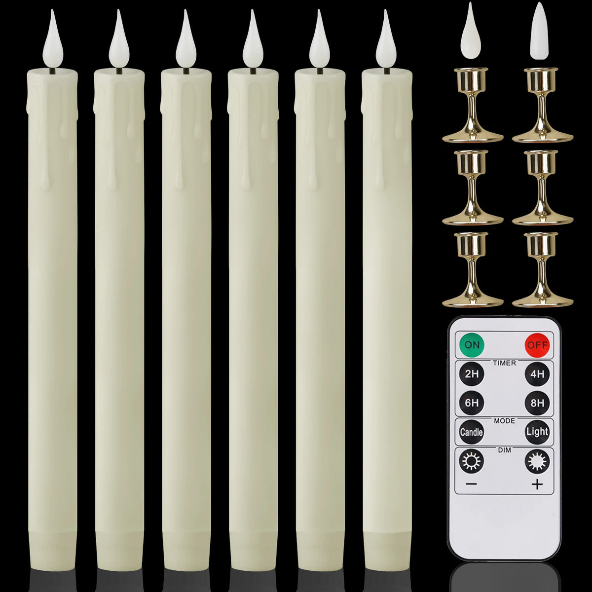 A set of white flameless LED taper candles with a remote control and timer displayed against a black background.