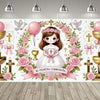 A floral backdrop for a First Communion featuring a girl, pink balloons, roses, and religious symbols.