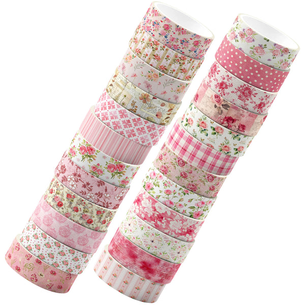 A set of 12 rolls of retro floral washi tape in pink and green patterns for crafting and journaling.