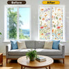 Before and after comparison of a window with privacy film showing a decorative floral pattern.
