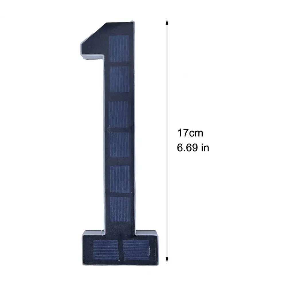 A vertical solar LED house number sign with automatic dusk-to-dawn lighting, measuring 17cm or 6.69 inches.