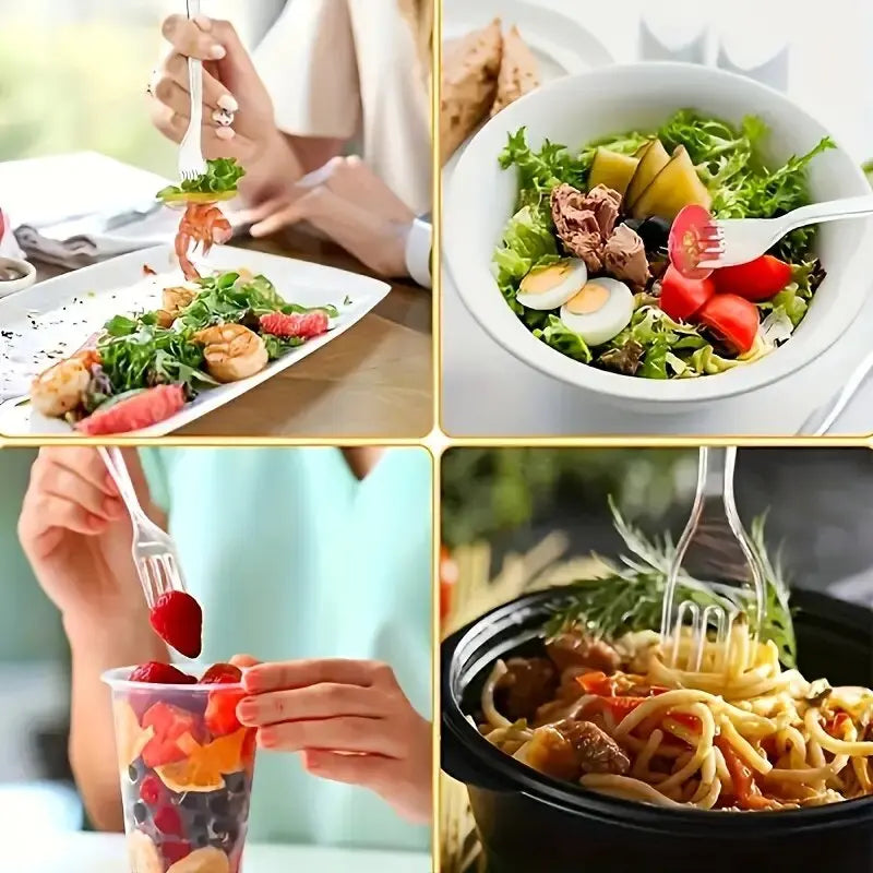 A collage showing various uses of clear plastic dessert forks for eating salads, fruit, and noodles.