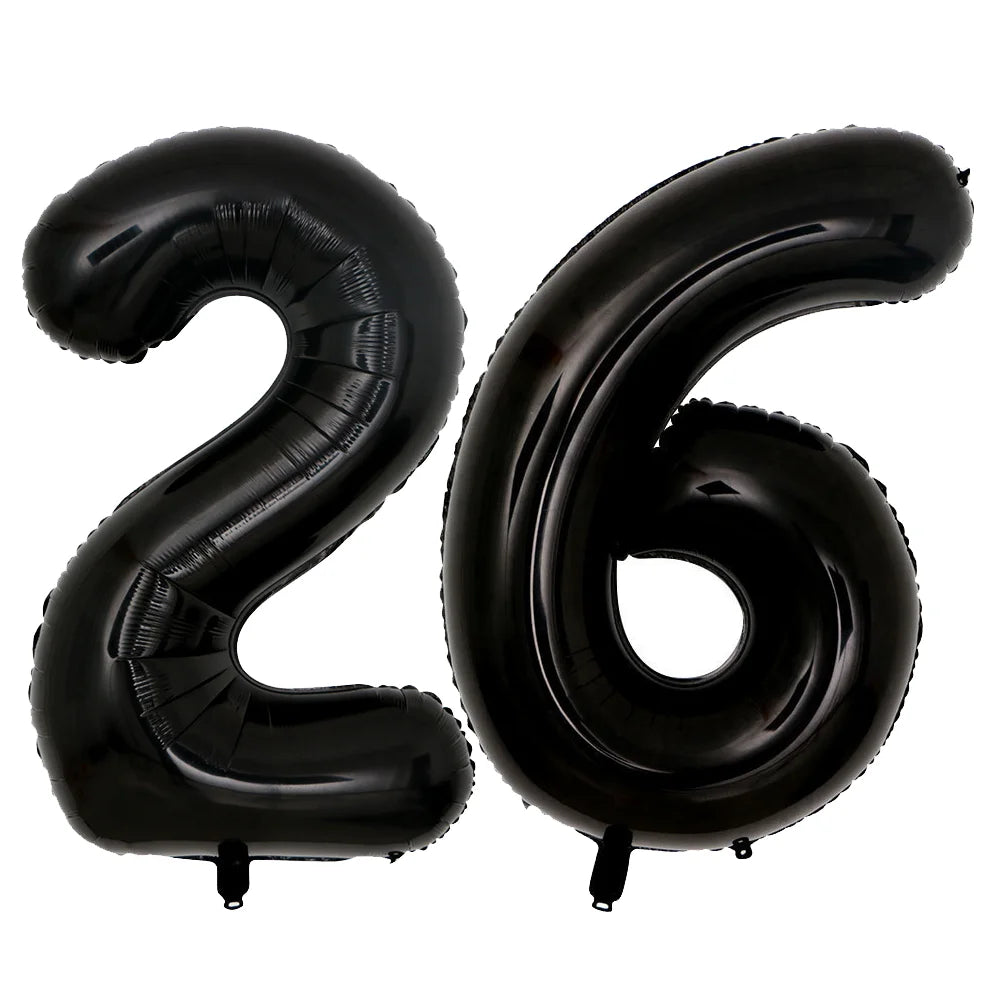 A set of two giant black foil balloons shaped like the number 26