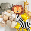 A set of eight foil balloons depicting jungle safari animals including an elephant, lion, giraffe, and zebra.