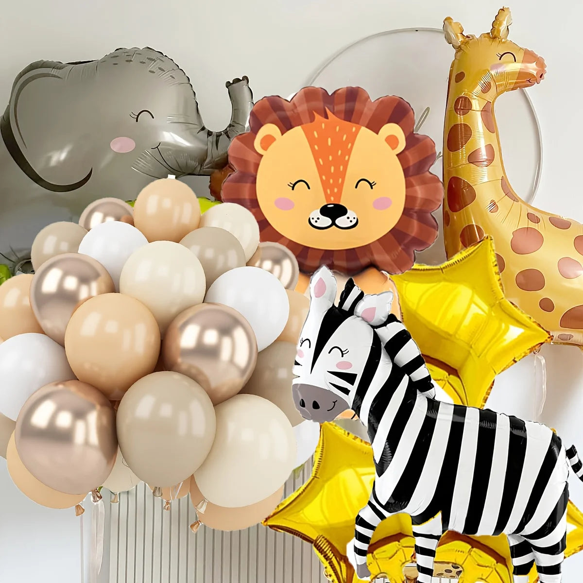A set of eight foil balloons depicting jungle safari animals including an elephant, lion, giraffe, and zebra.