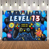 A vibrant party backdrop banner featuring a video game theme with a controller and balloons.
