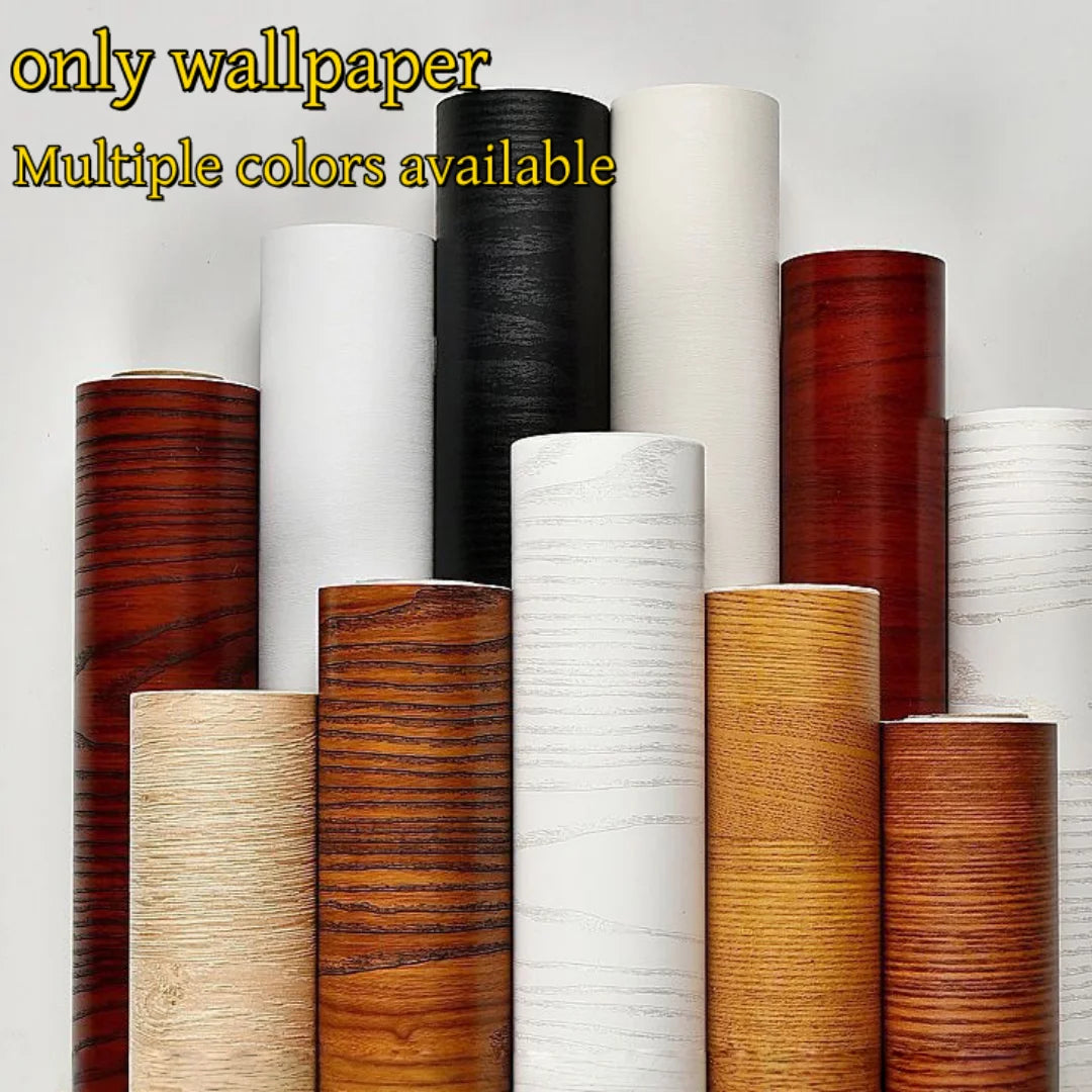 Rolls of self-adhesive PVC wallpaper featuring various wood grain colors and textures.