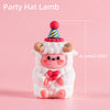 A cute pink lamb party hat decoration with striped yellow and blue accents.