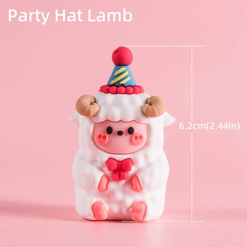 A cute pink lamb party hat decoration with striped yellow and blue accents.