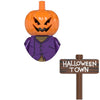 A Halloween-themed building block set featuring a carved pumpkin head and a purple shirt.