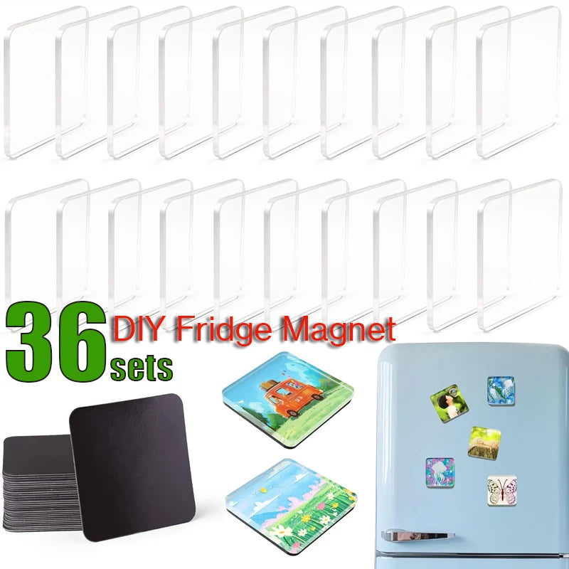 36 DIY acrylic fridge magnet sets with strong magnetic backing displayed in various sizes and colors