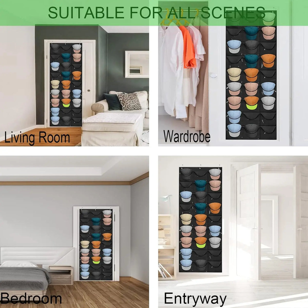 A set of black door hat organizers with various colored hats displayed in different scenes like a living room, wardrobe, and 