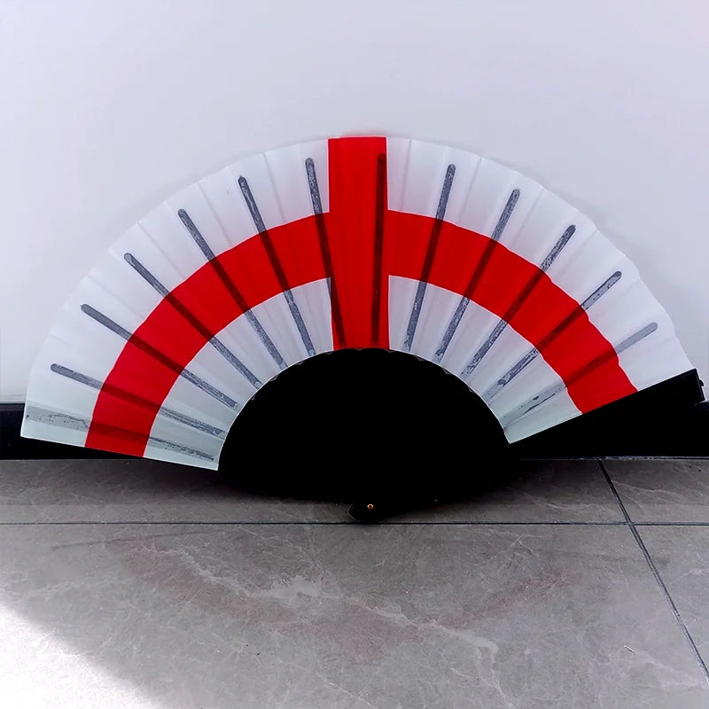 A handheld folding fan featuring a design resembling the flag of the United States, with white and red stripes.