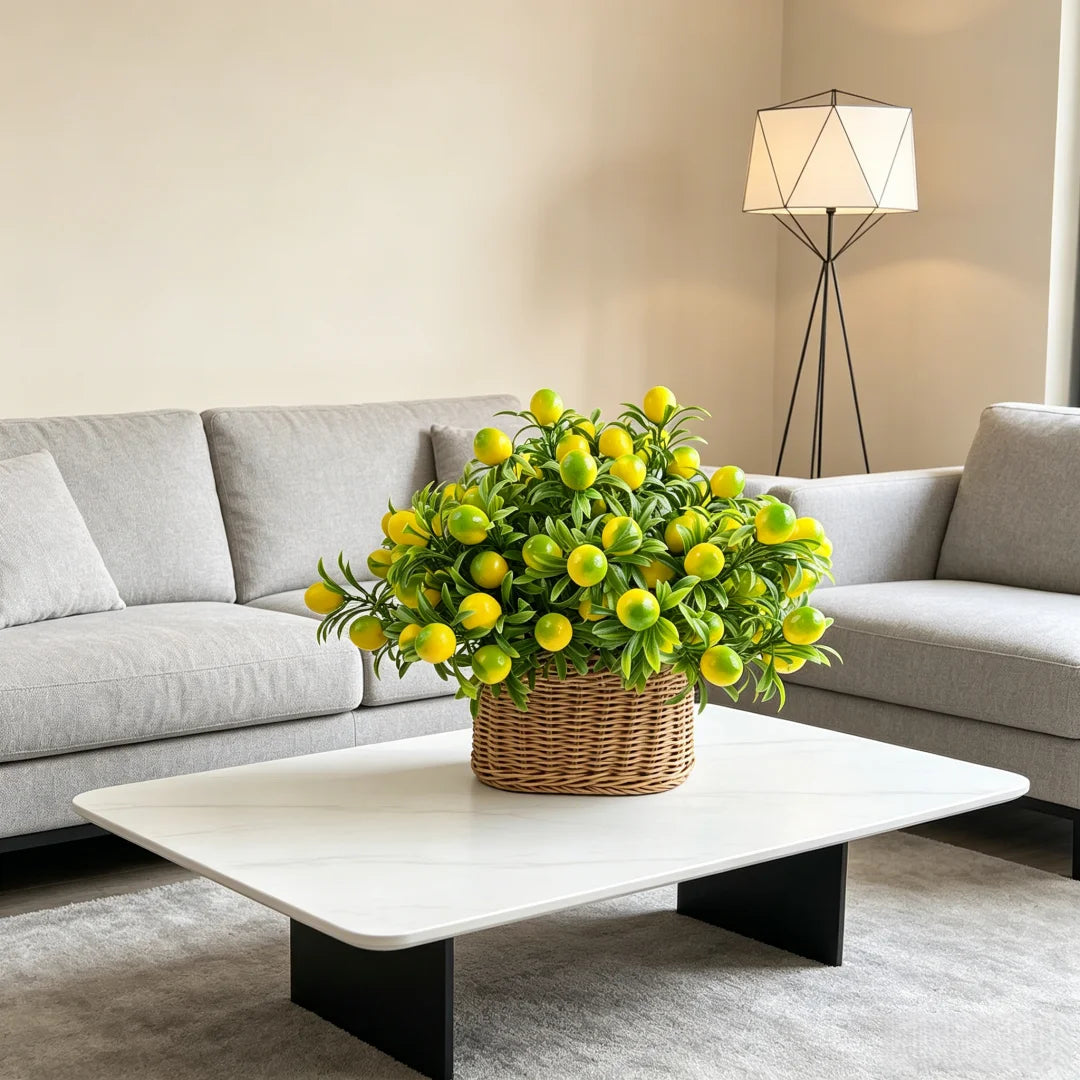 A woven basket filled with bright yellow artificial lemon branches used as a centerpiece on a white coffee table.
